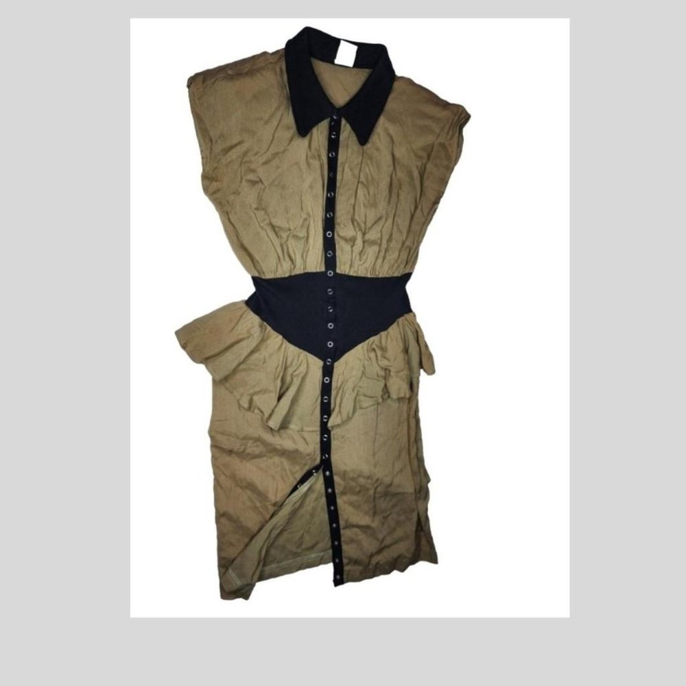 Unbranded vintage 80's khaki rayon snap down dress, with a 40's feel